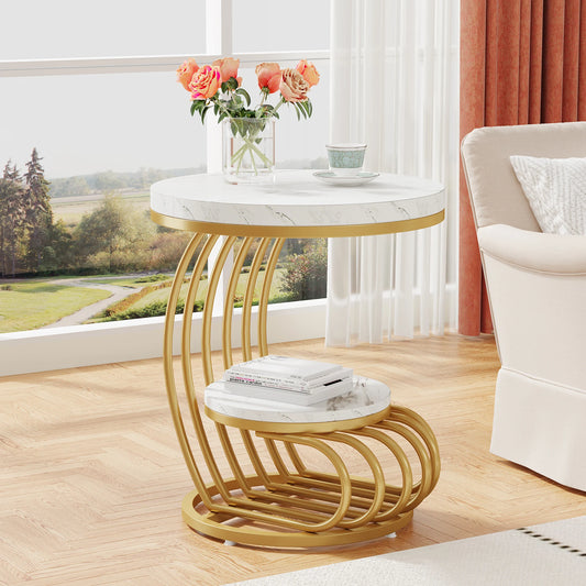 Tribesigns Round End Table With Storage Shelf Faux Marble