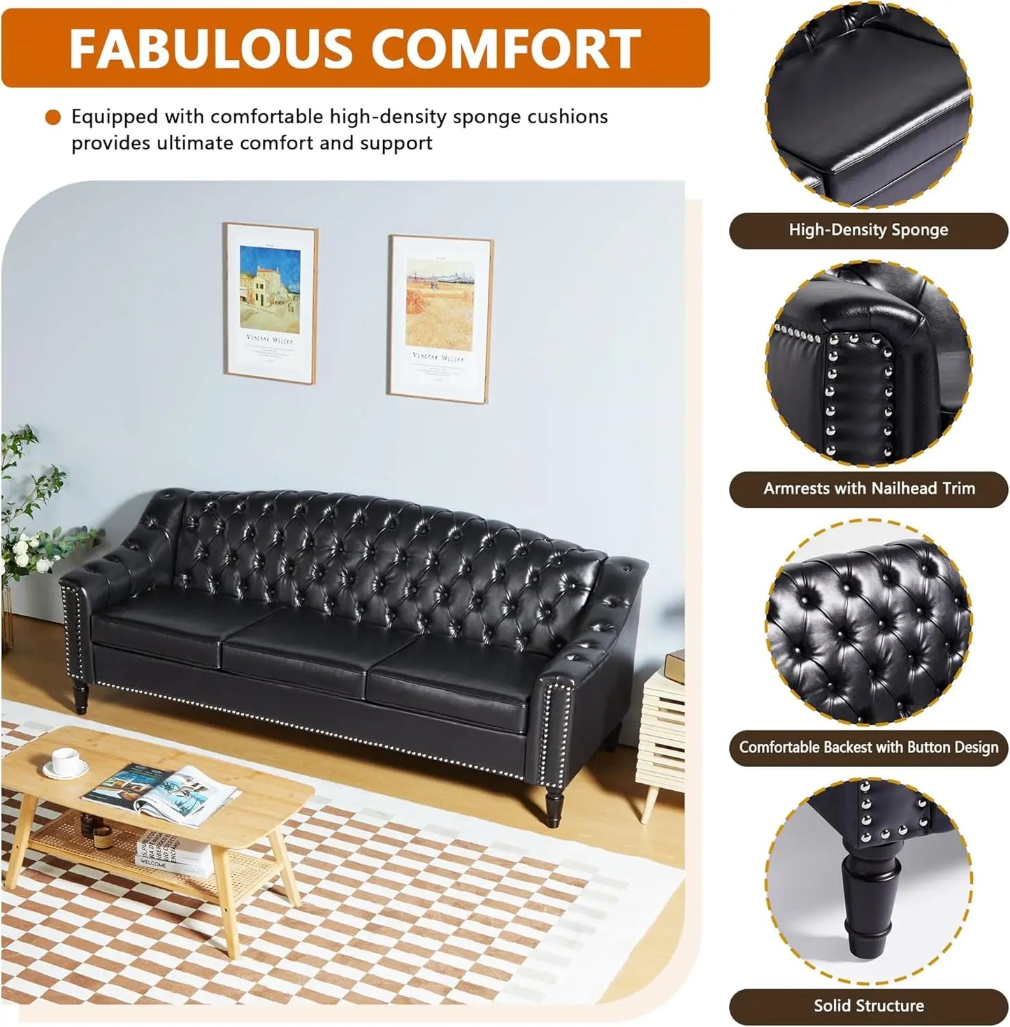 Sichuan 3 Seater Faux Leather Sofa Tufted Back Modern