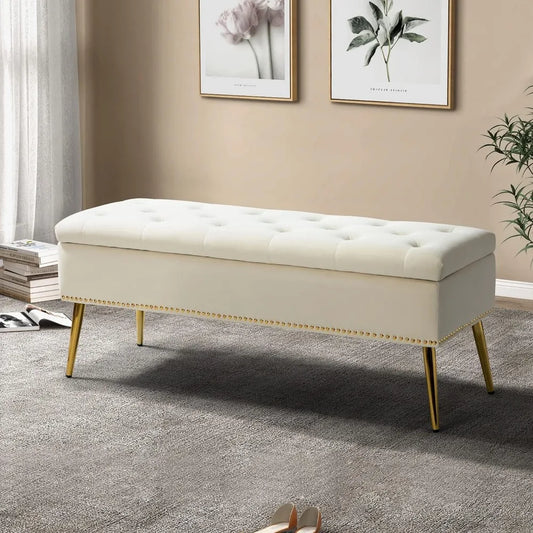ANGDUO Velvet Storage Ottoman Bench With Gold Base Nailhead