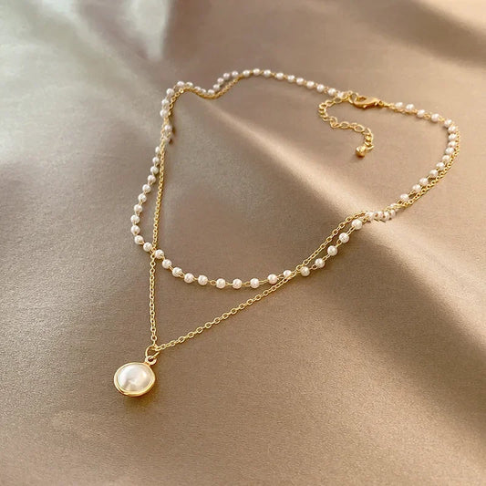 MIHJUSFDHCN Pearl Necklace Double Layer Bead Pendant