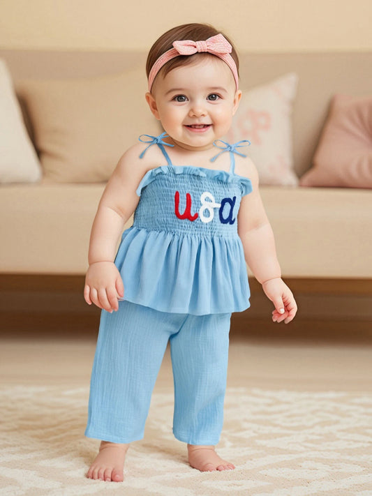 Infant Girl Independence Day Outfit Sleeveless Top with Letter Embroidery and Wide Leg Pants 2 Piece Set
