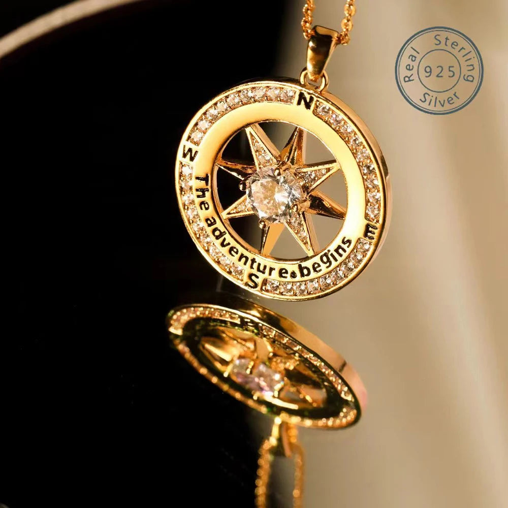 Sterling Silver Compass Necklace Cubic Zirconia Pendant