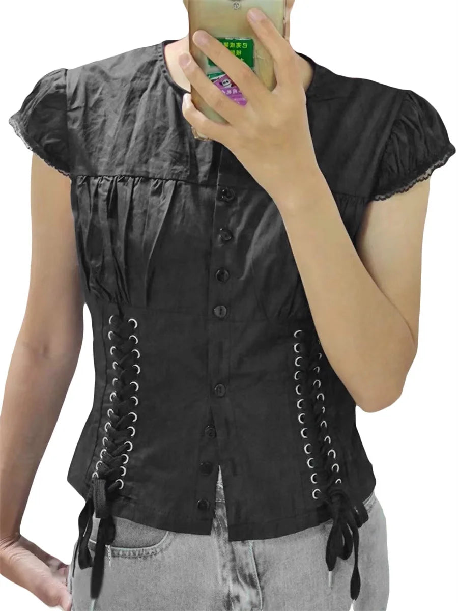 Hirigin Women Lace Top Sleeve Round Neck Ruffle Button