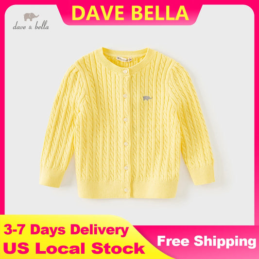 Dave Bella Girls Long Sleeve Button Cardigan Spring Autumn Knit Sweater for Children Casual Cotton Overcoat Tops DB3243397