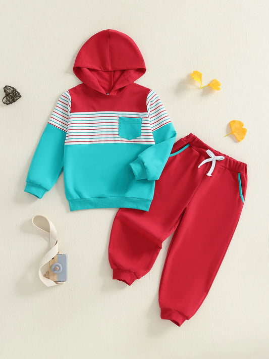 Stylish Toddler Boys 2-Piece Outfit Set with Long Sleeve Striped Hooded Top and Matching Pants for a Fashionable Look