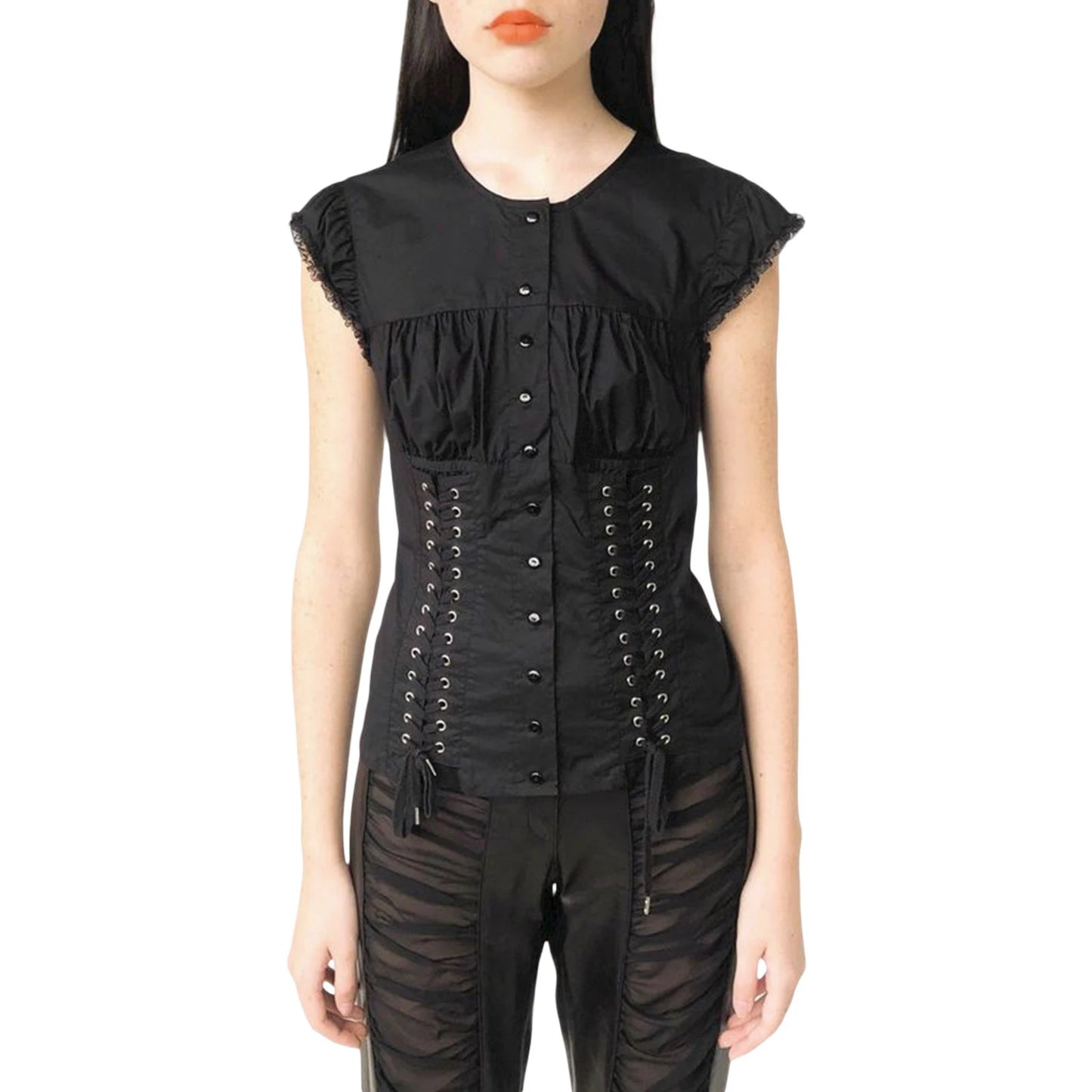 Hirigin Women Lace Top Sleeve Round Neck Ruffle Button