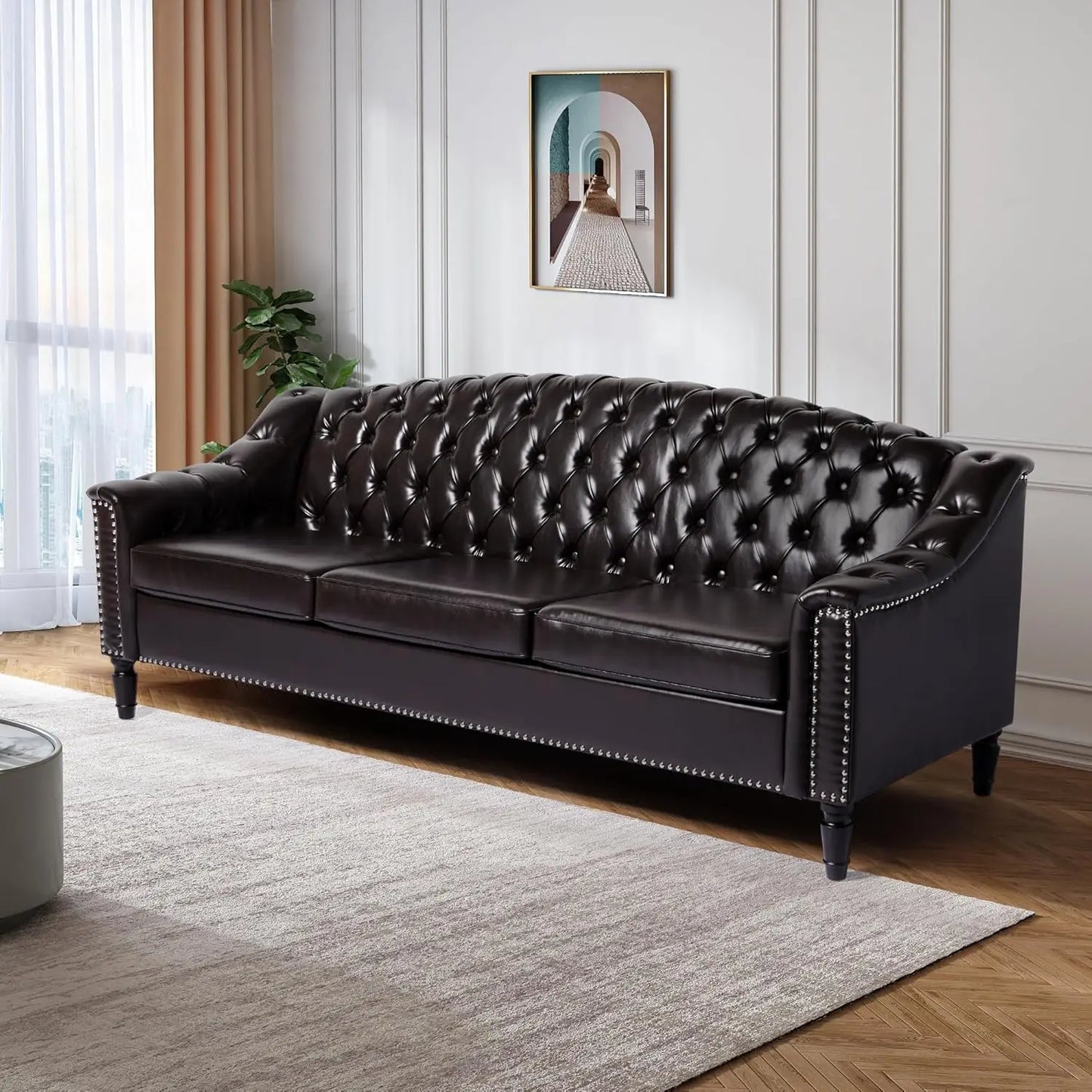 Sichuan 3 Seater Faux Leather Sofa Tufted Back Modern