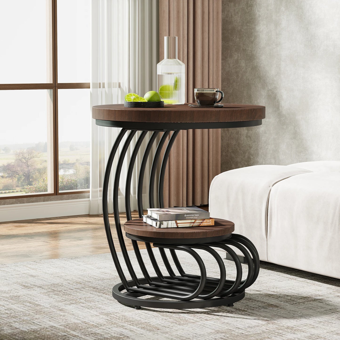 Tribesigns Round End Table With Storage Shelf Faux Marble