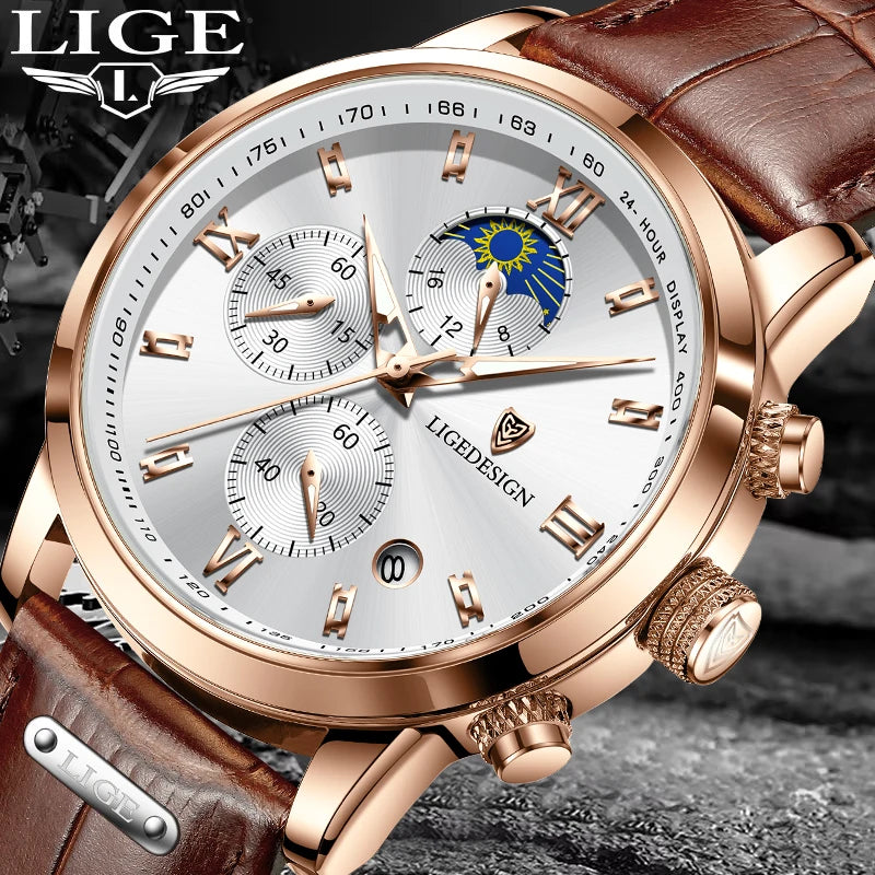 LIGE Mens Leather Military Watch Moon Phase Quartz