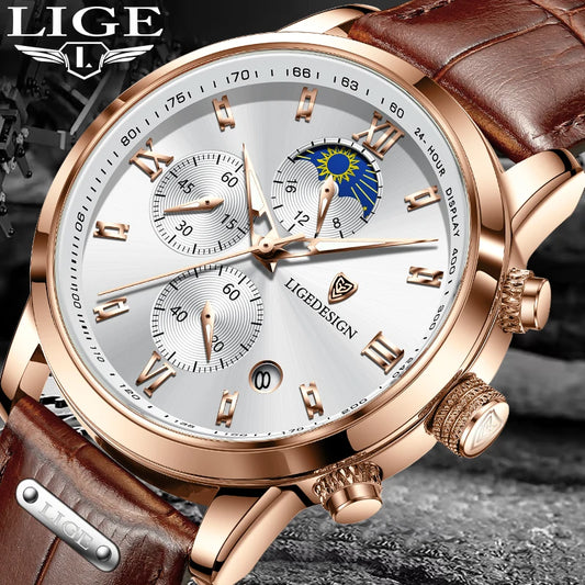 LIGE Mens Leather Military Watch Moon Phase Quartz