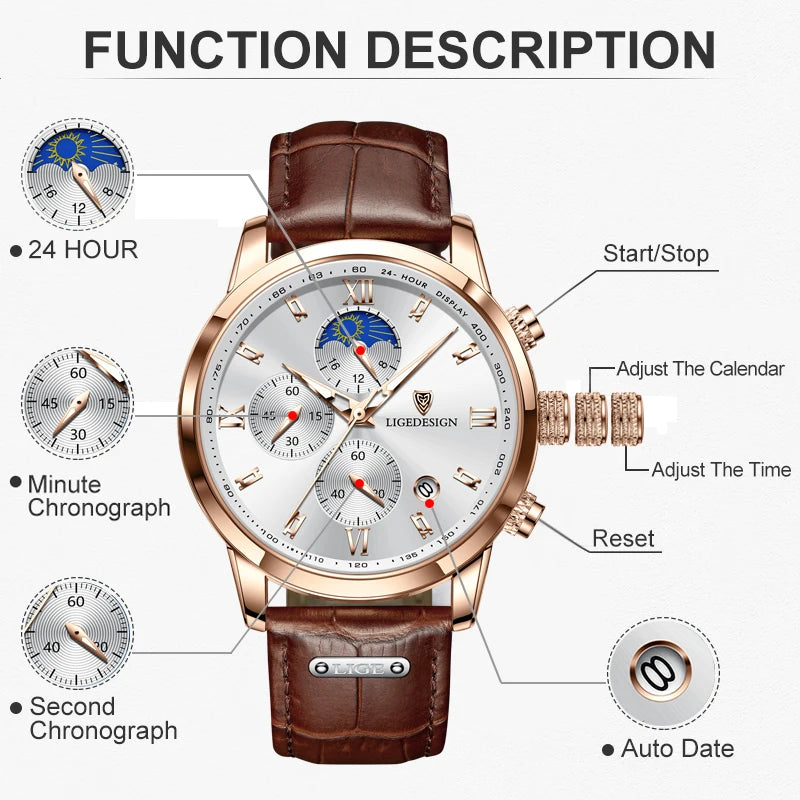 LIGE Mens Leather Military Watch Moon Phase Quartz