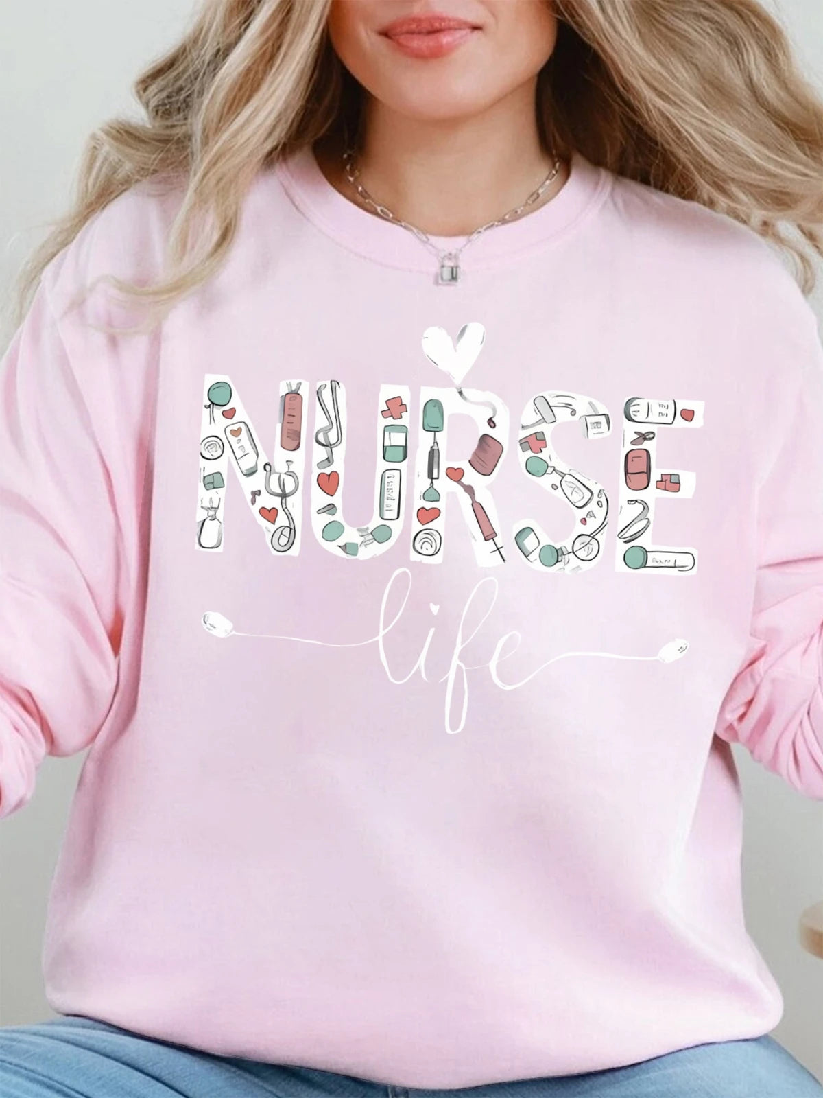Fall Winter Plus Size Cotton Crew Neck Sweatshirt Women Nurse Life Print Oversized Hoodie Crew Neck Long Sleeved Casual Tops