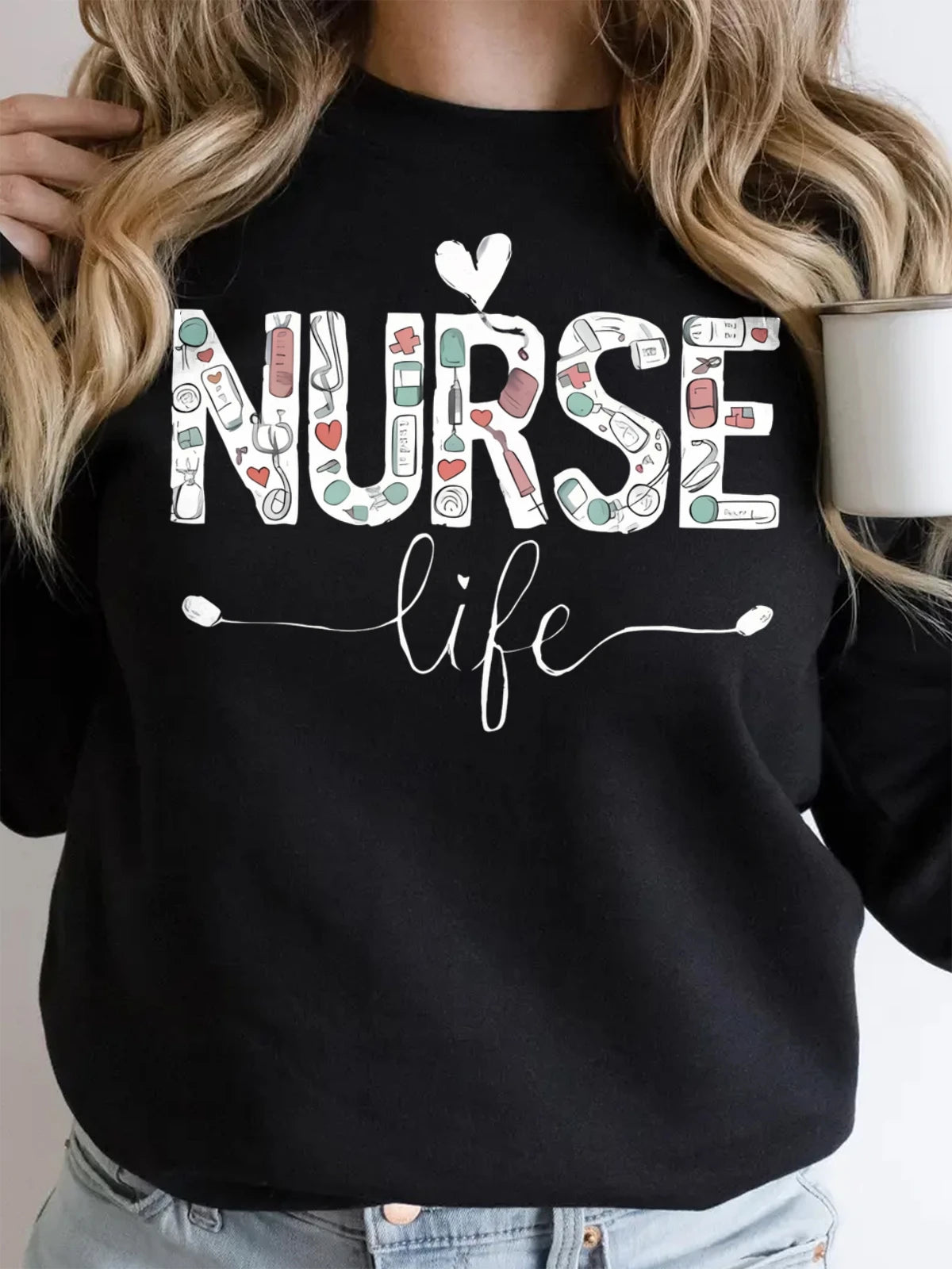 Fall Winter Plus Size Cotton Crew Neck Sweatshirt Women Nurse Life Print Oversized Hoodie Crew Neck Long Sleeved Casual Tops