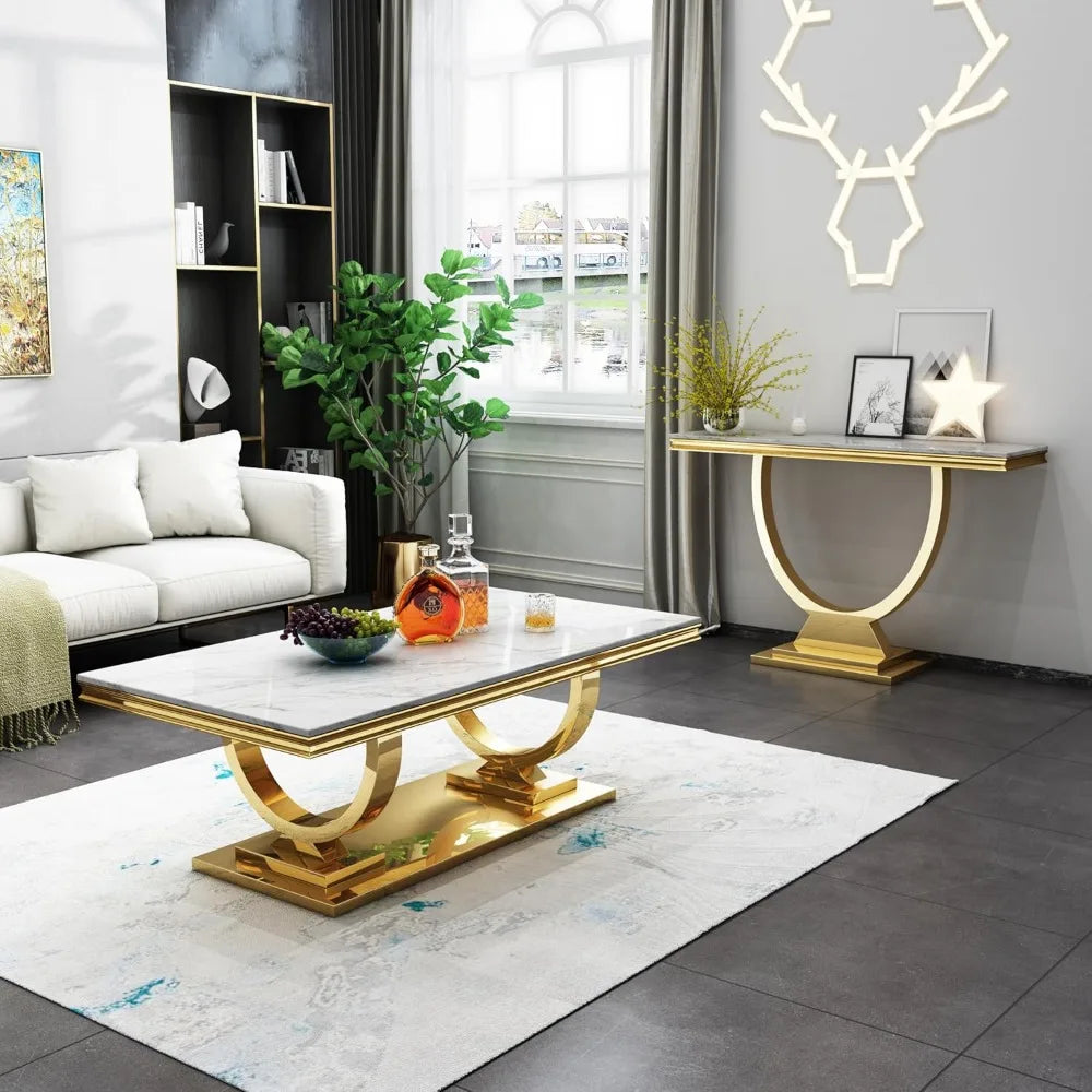 Marble Coffee Table With Mirrored Stainless Steel Base