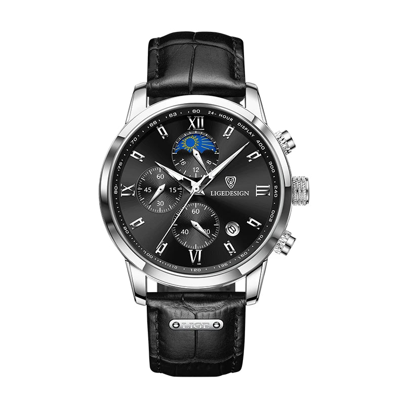 LIGE Mens Leather Military Watch Moon Phase Quartz