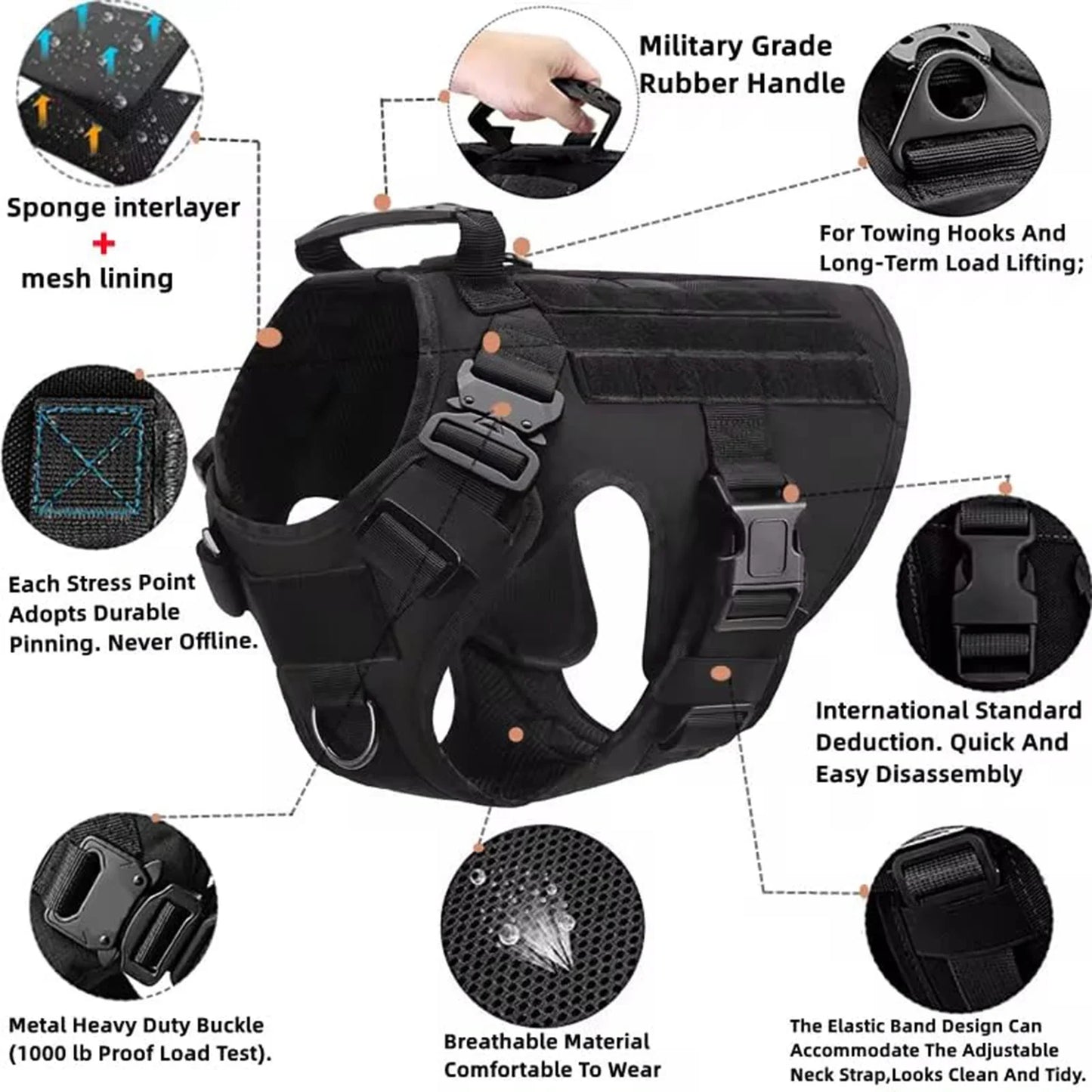 Military Dog Harness Vest With Molle Pouches For Large