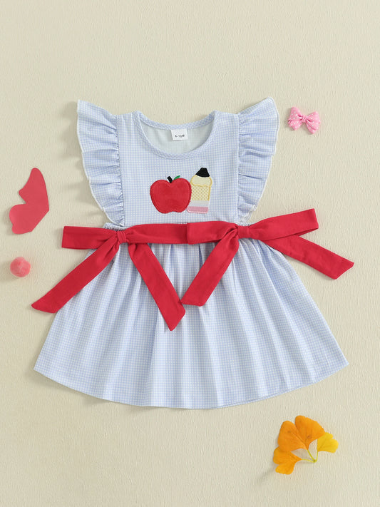 Adorable Baby Girl Summer Dress with Embroidered Flowers Plaid Bows and Flutter Sleeves - Loose Fit Ruffled Trim Dress