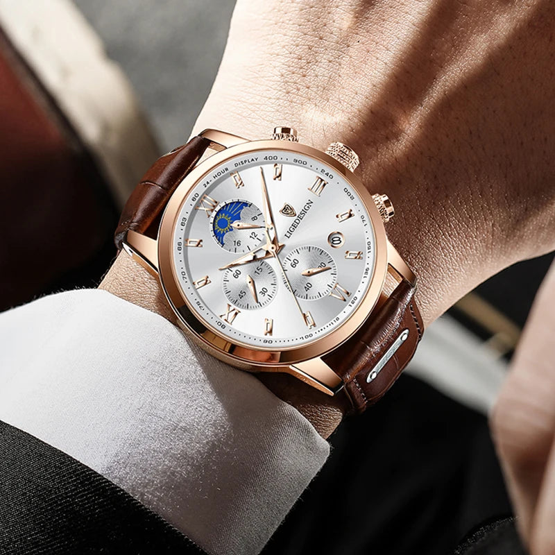 LIGE Mens Leather Military Watch Moon Phase Quartz