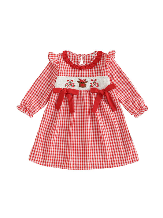 Girls Christmas Dress Long Sleeve Crew Neck Plaid Embroidery Santa Claus Fall Dress with Bow Detail