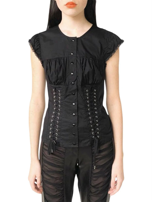 Hirigin Women Lace Top Sleeve Round Neck Ruffle Button
