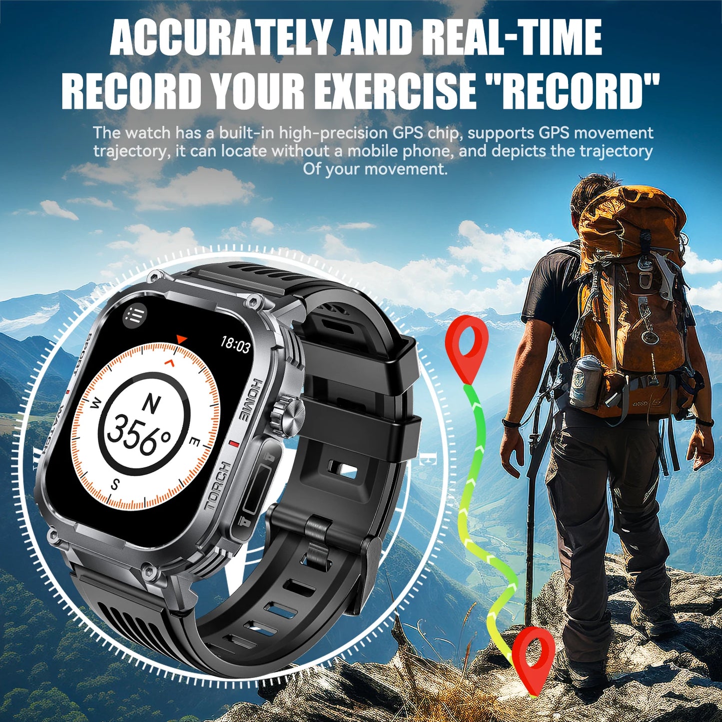 LaNikar Men Smart Watch 3ATM 2.02 Inch Compass LED HR