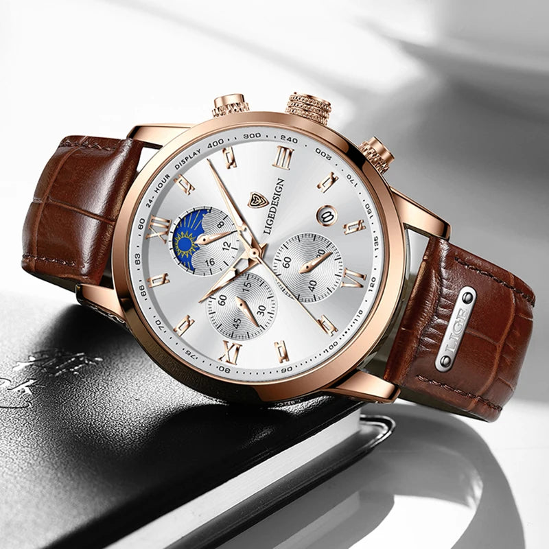 LIGE Mens Leather Military Watch Moon Phase Quartz